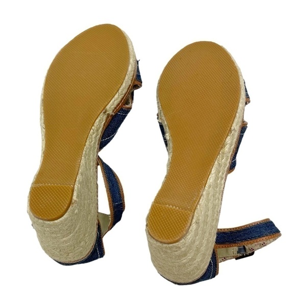 Denim jeans strappy wedges size 10.5 US Open back open toes bow tie - Picture 9 of 13
